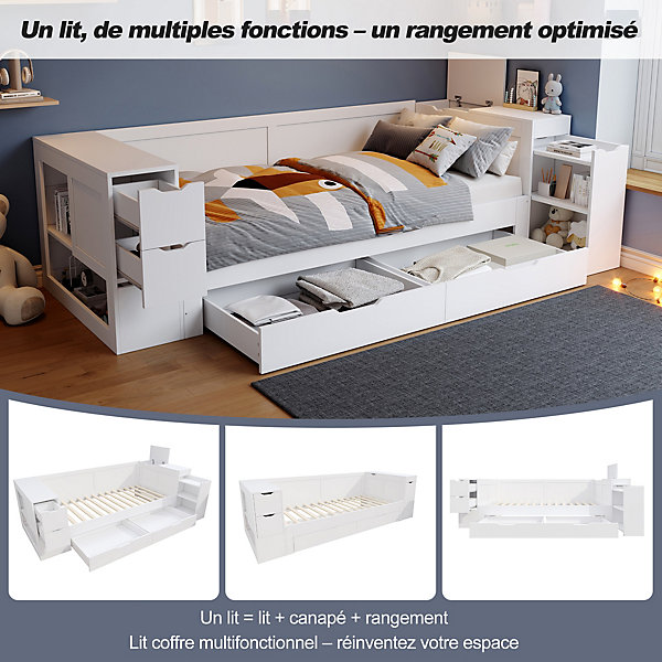 Canapé-lit enfant 140x190 cm - Avec tiroirs, étagères et espace de rangement - MDF - Blanc (sans matelas)