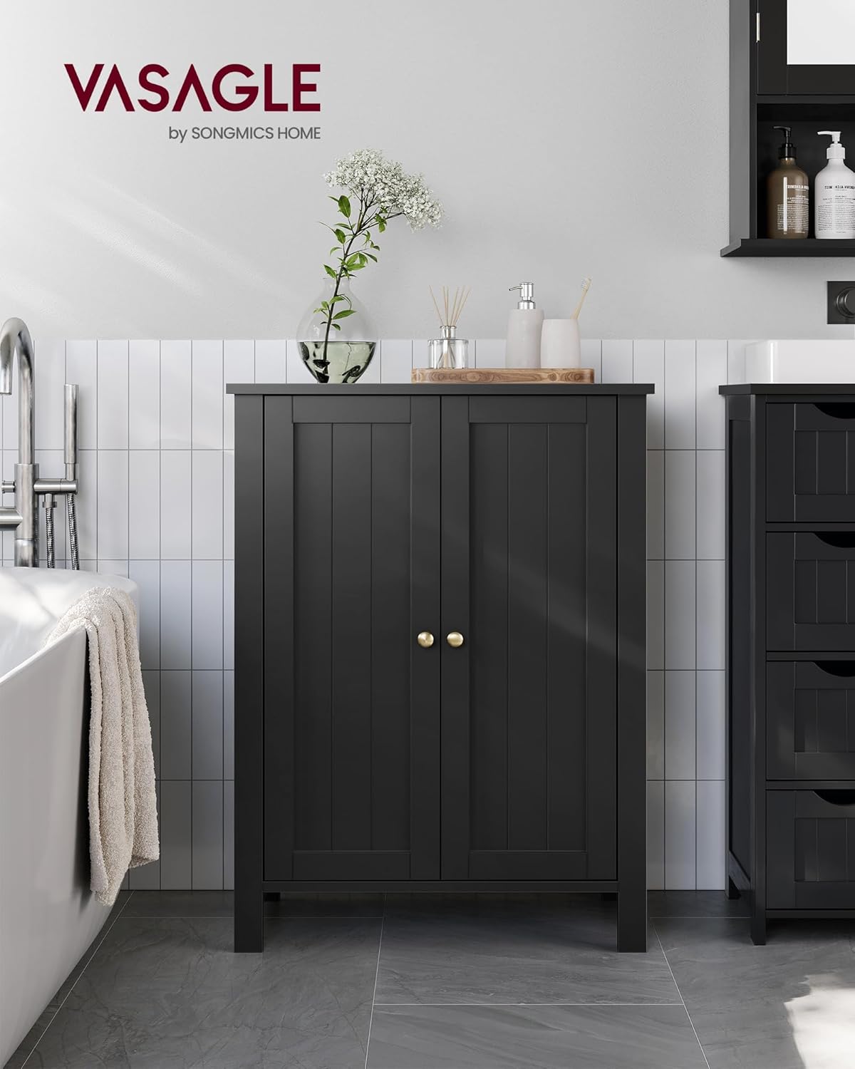 VASAGLE Floor Storage Cabinet, Freestanding Storage Unit with 2 Adjustable Shelves, for Bathroom Living Room Dining Kitchen, 11.8 x 23.6 x 31.5 Inches, Ink Black UBCB060B01