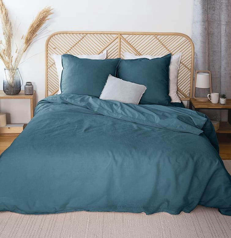 LIN MÉTIS UNI - Parure housse de couette lin/coton bleu 240x260 cm