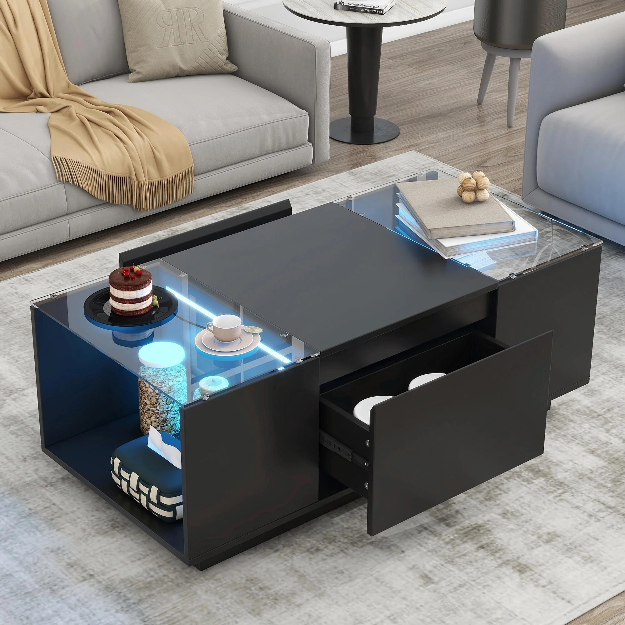 Modern LED CoffeeTable with High-Gloss Finish and Glass Tabletop