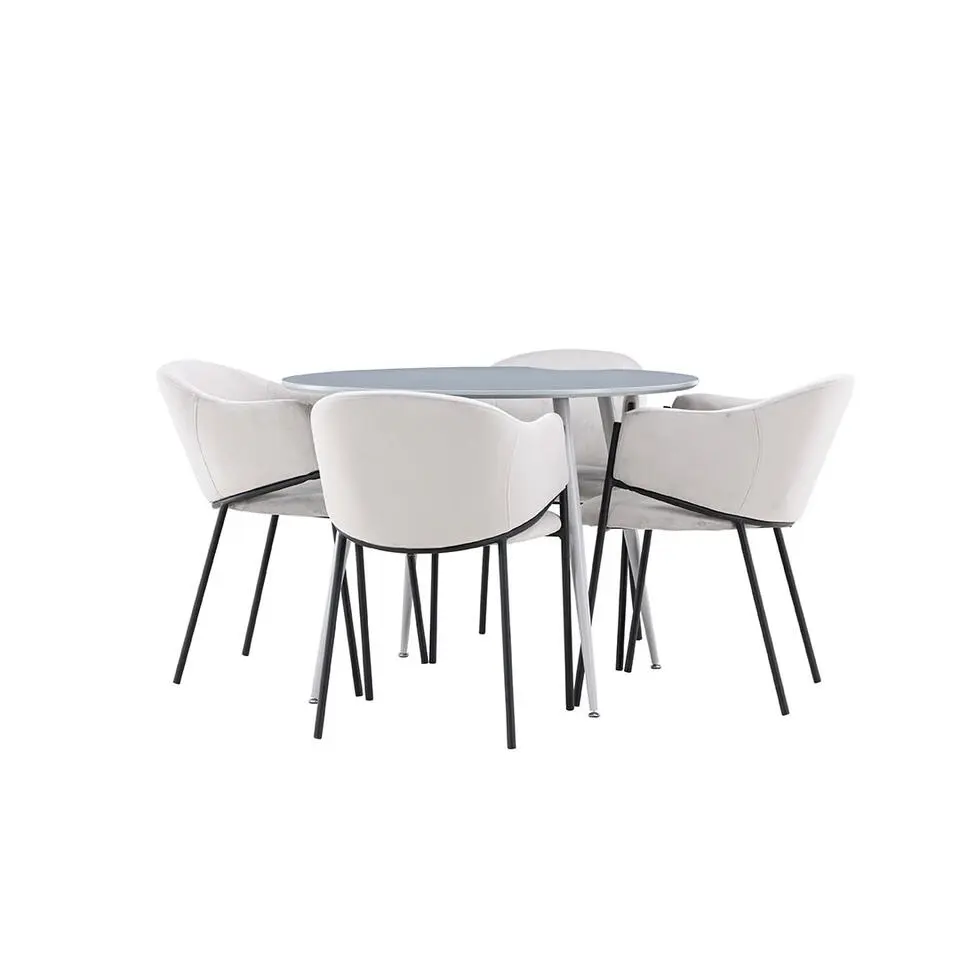 Hioshop Plaza eethoek tafel &Oslash;100cm en 4 velours stoelen met armleuningen grijs