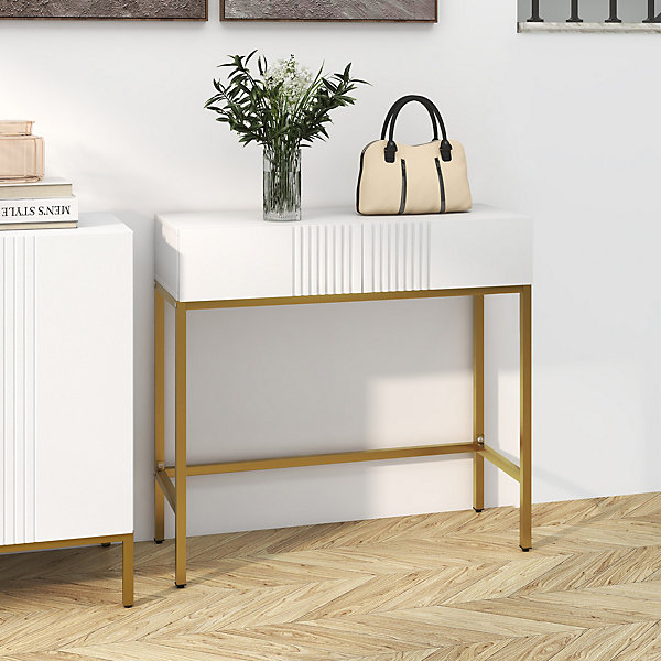 Console style Art déco - 2 tiroirs - piètement acier doré - blanc