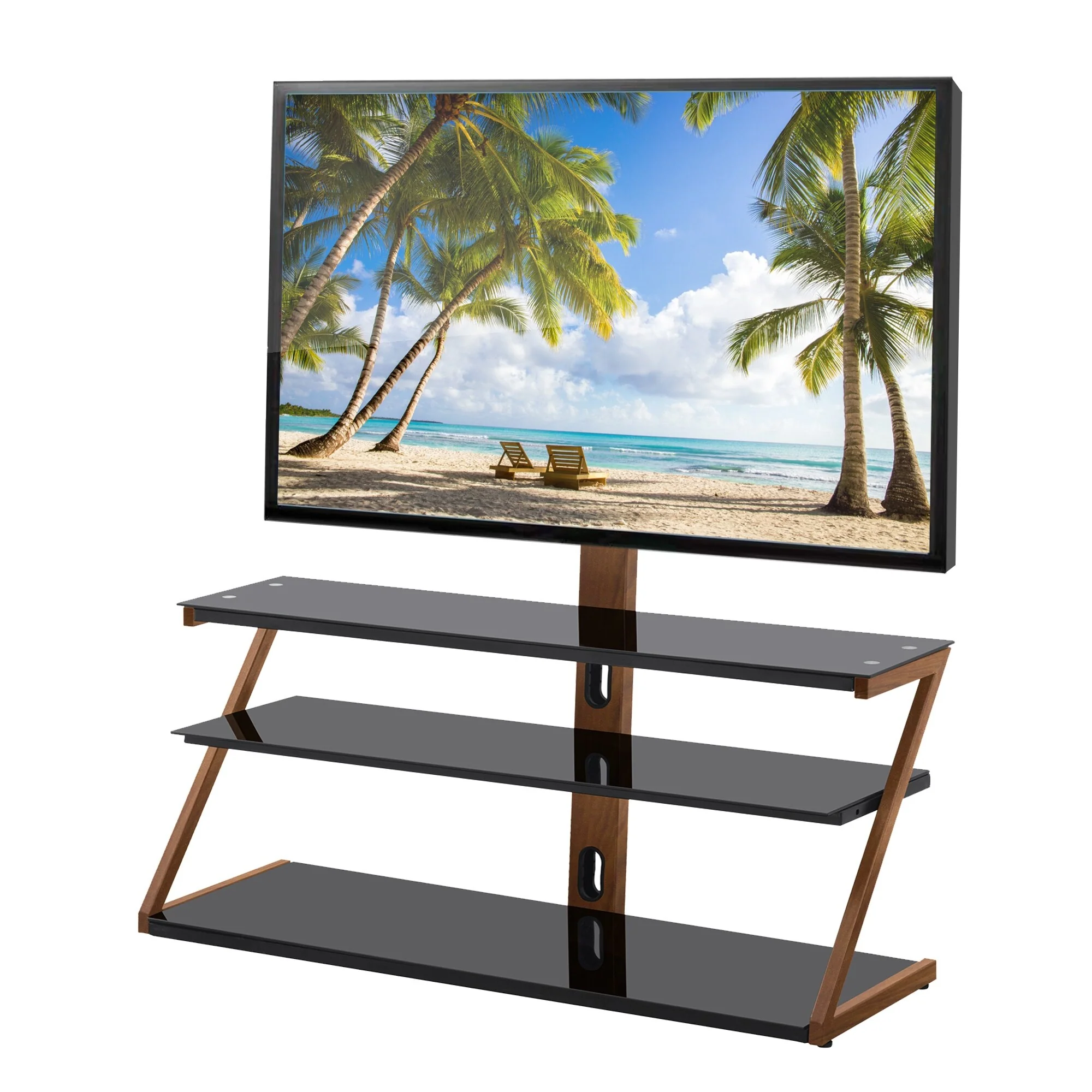 Swivel TV Stand with Tempered Glass Shelves & Adjustable Height for 32-65 TVs