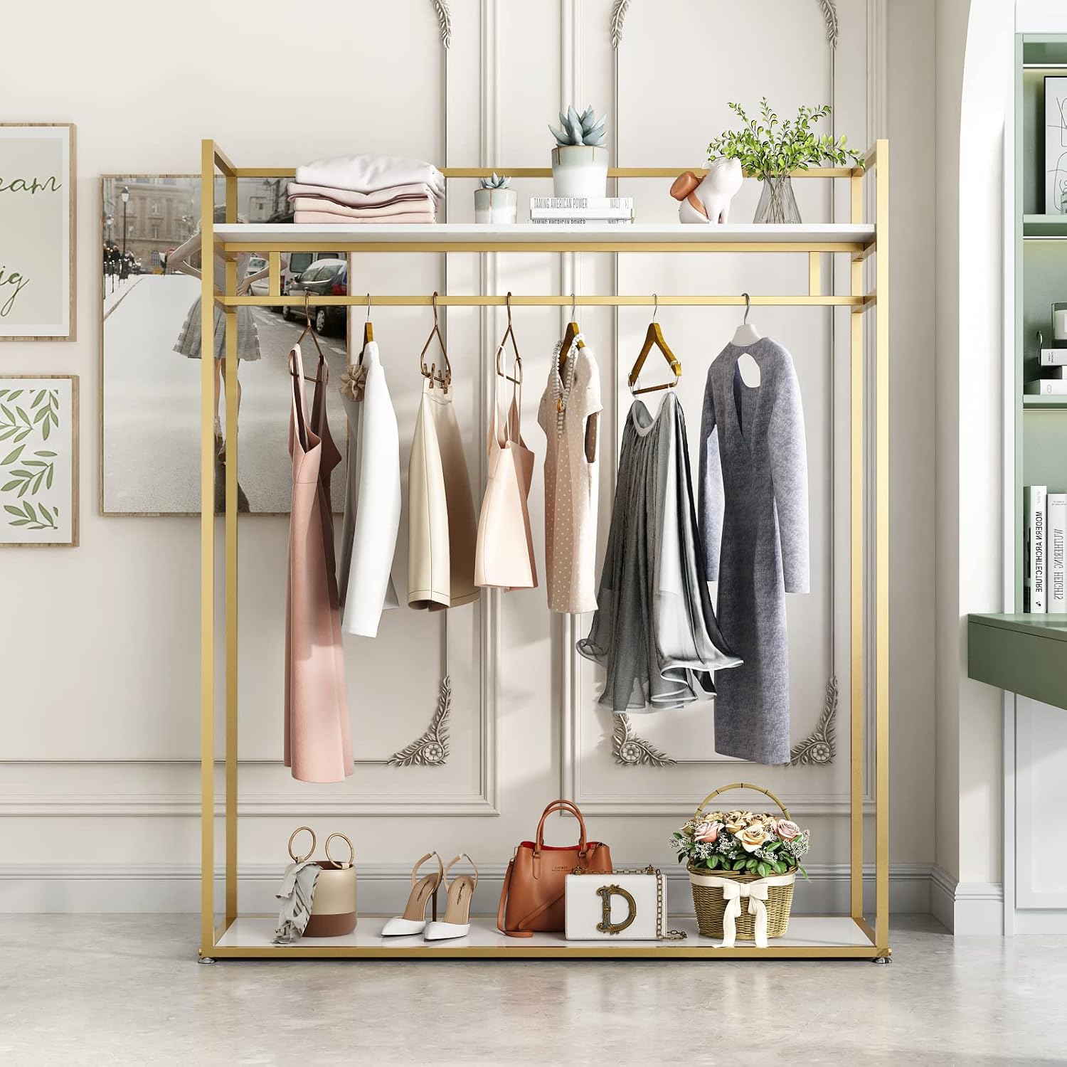 Heavy Duty Gold Clothing Rack with Shelves for Hanging Clothing, Gold Metal Freestanding Garment Rack for Retail Display (59 L)