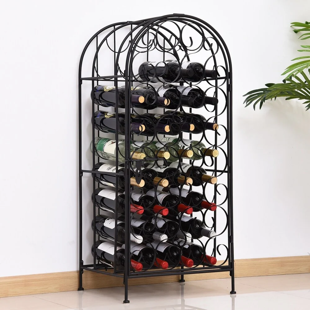 HOMCOM 35 Bottle Wrought Iron Wine Rack Jail with Lock - Black - 17.5*14*38.5