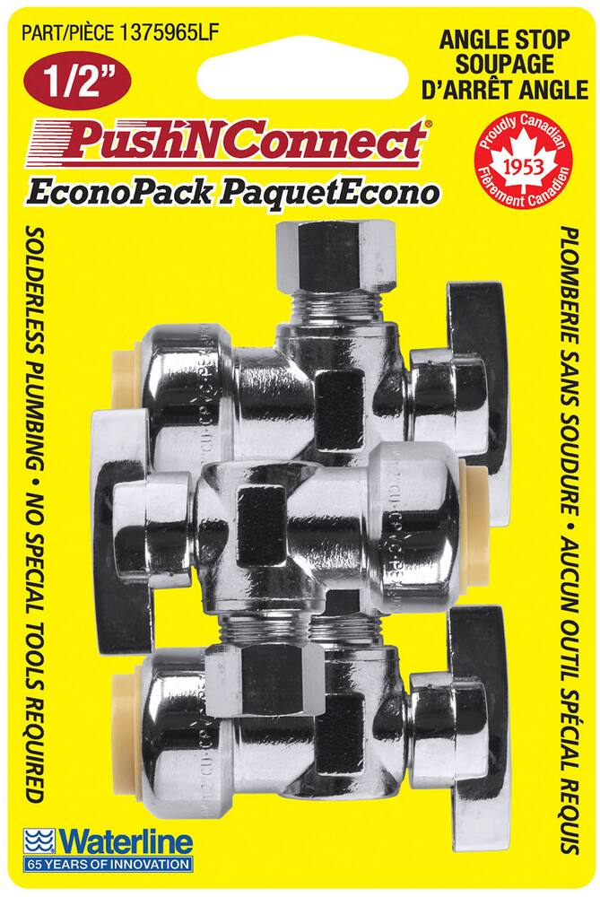 Waterline Push N' Connect Brass Angle Stop Valve Set, 1/2 x 3/8-in, 3-pk