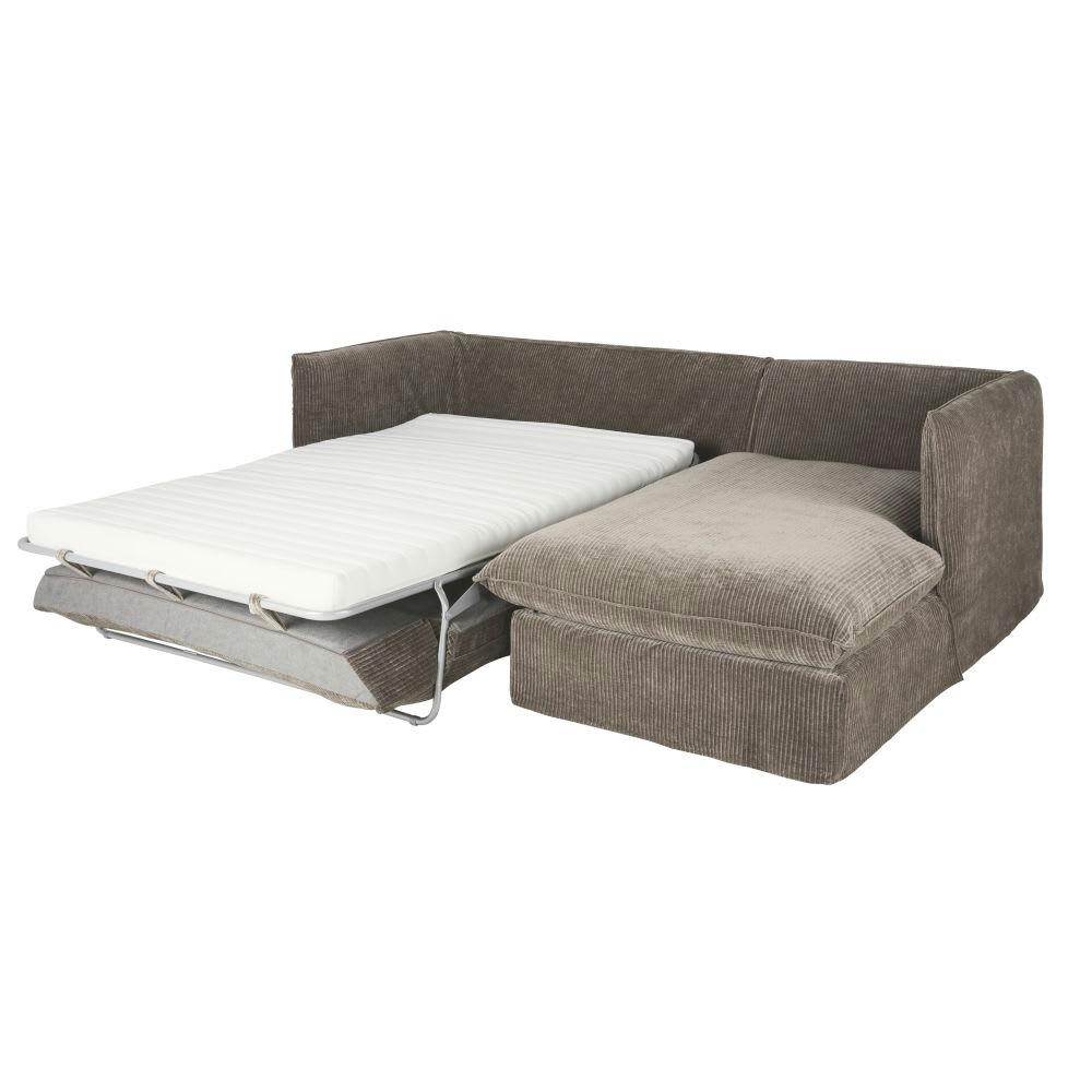 Louvain - Canapé d'angle droit convertible 3/4 places en velours côtelé marron écorce, matelas 10 cm