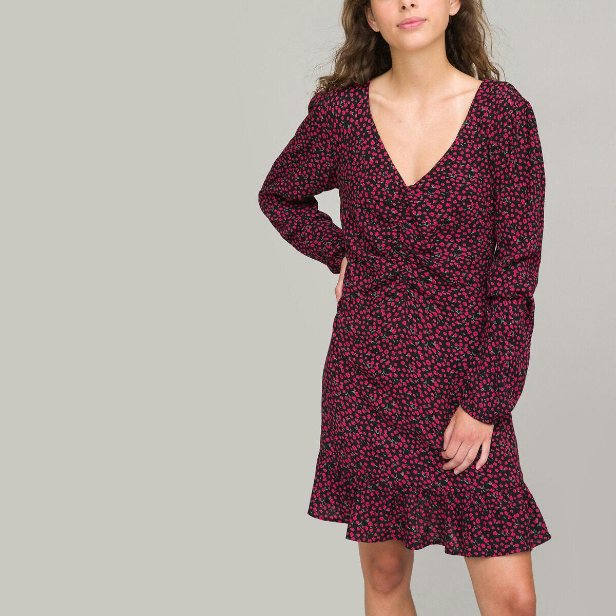 Robe manches longues fluide, motif floral