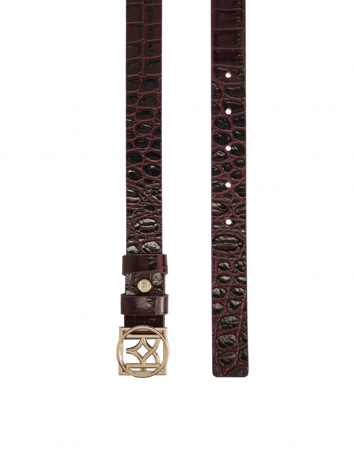 Maroon embossed pattern belt with monogrammed KAZAR buckle