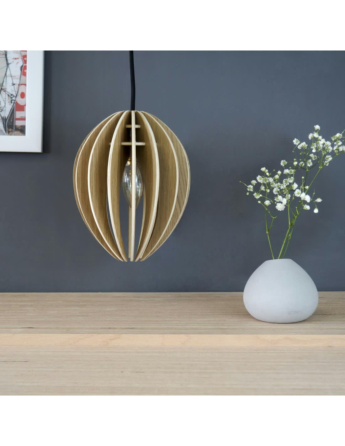 FÈVE - Lampe suspension bois et béton chêne naturel cordon noir