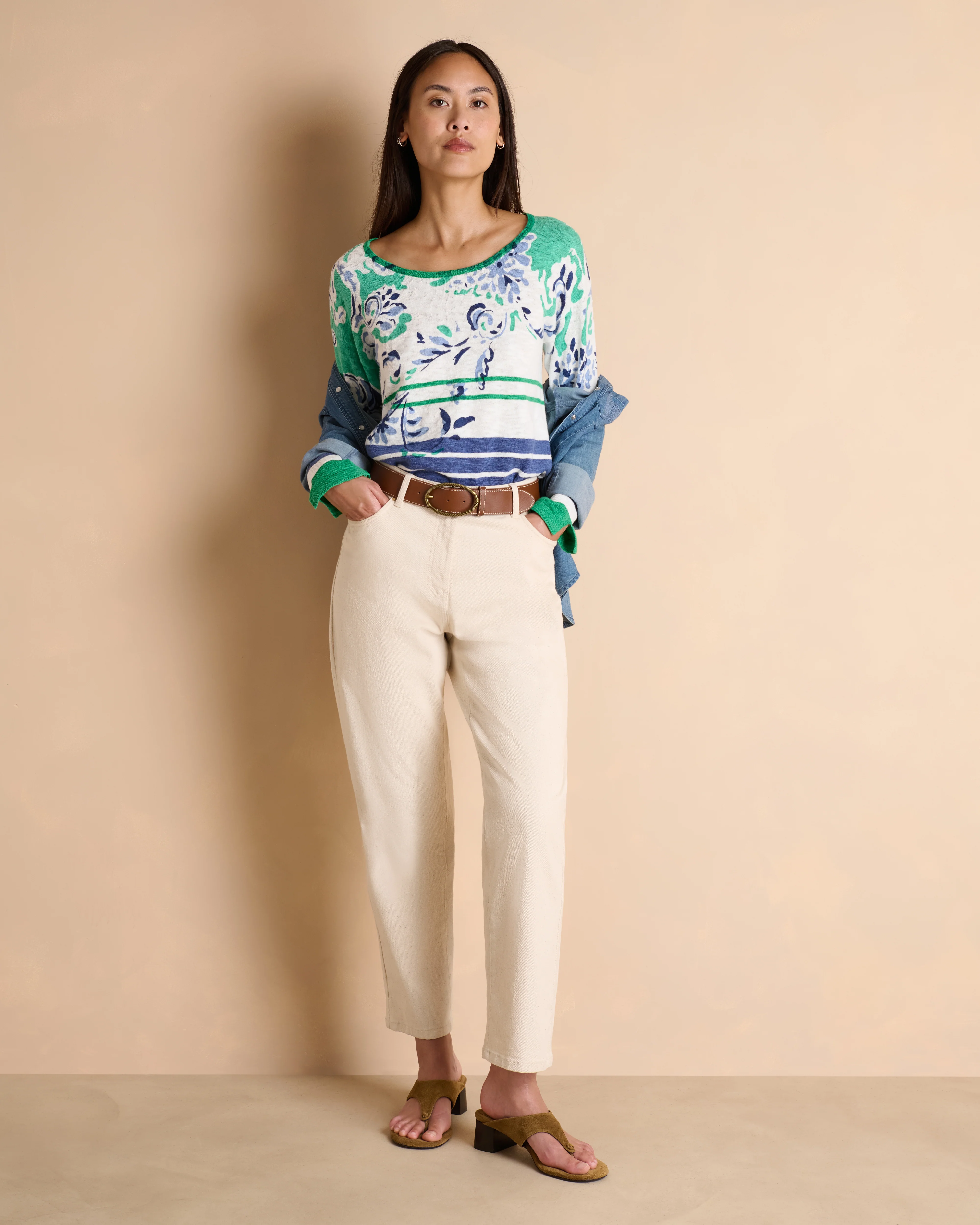 Pull bleu et vert rayé à motif fleuri ARAYNA/14085/781
