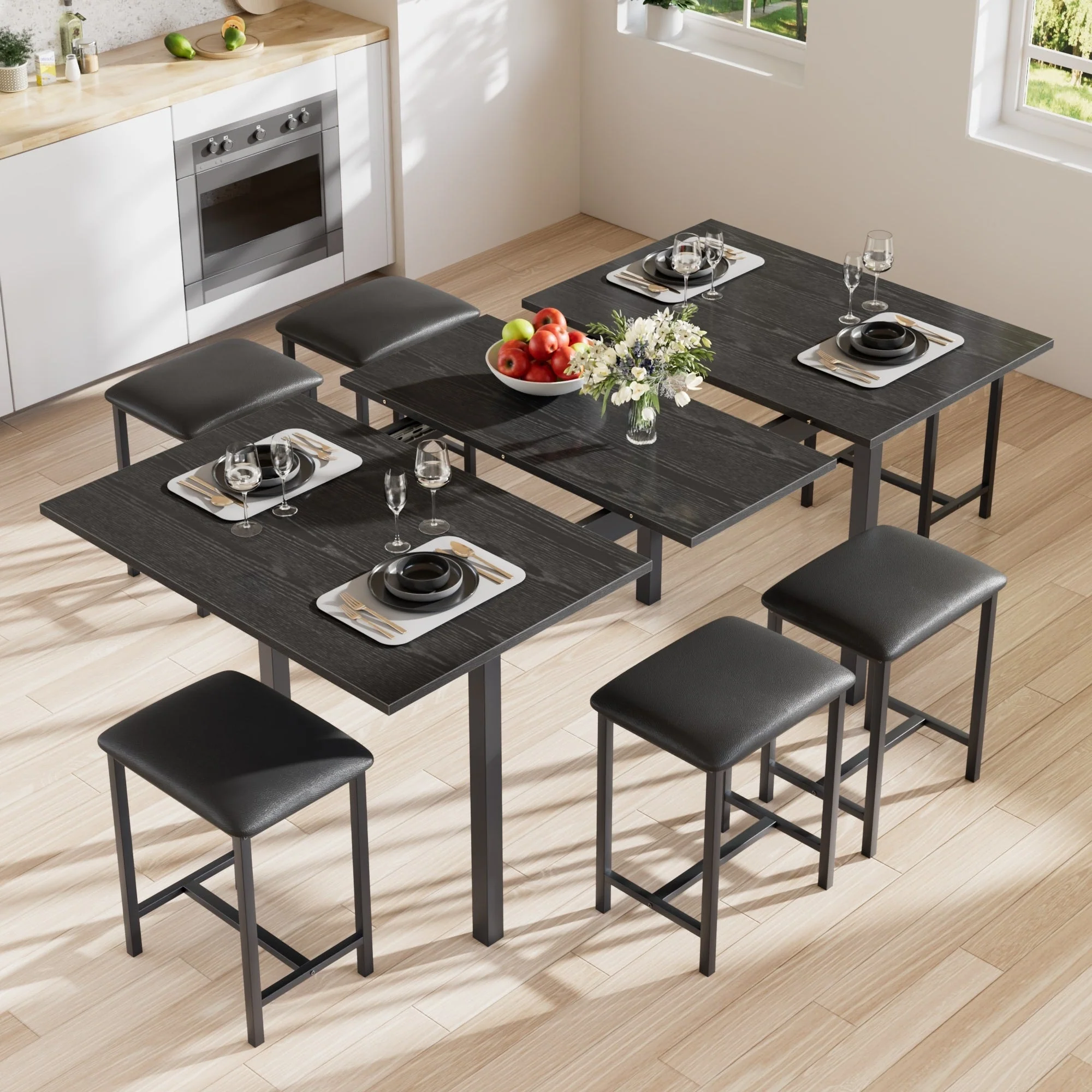7 Pieces Dining Table Set for 4-6, Extendable Kitchen Table Set with 6 Dining Stools, Kitchen Table Set for Small Space