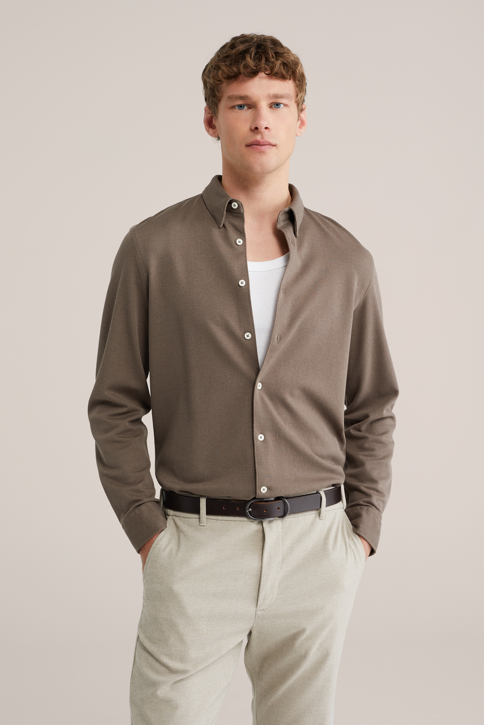 Heren regular fit gebreid overhemd met structuur