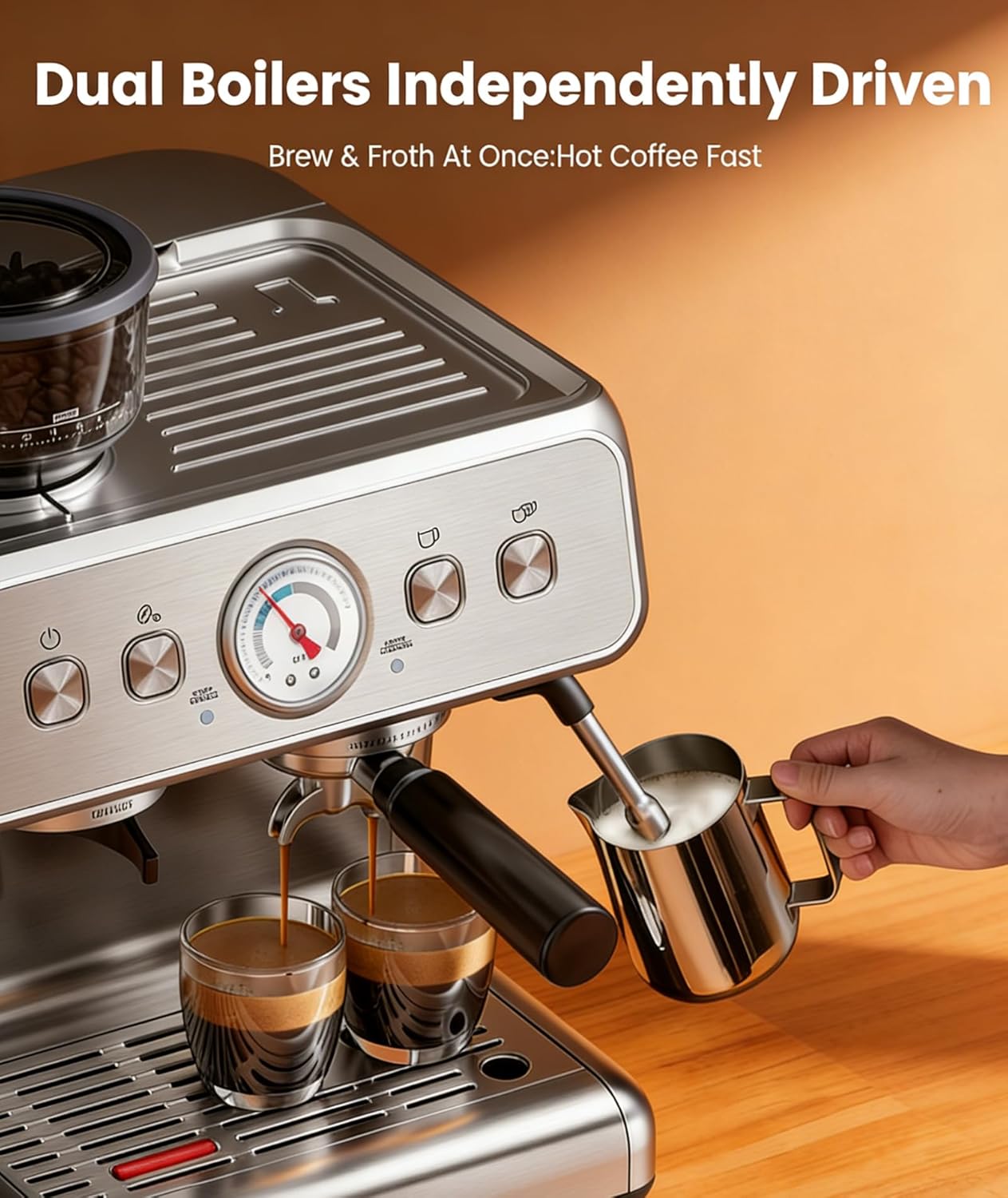 Dual Boiler Espresso Machine with Grinder, 20 Bar Espresso Machines-Use Milk Frother and Brew Coffee Machine Simultaneously, Removable Water Tank, Coffee Maker Cappuccino Latte, 95oz Water Tank