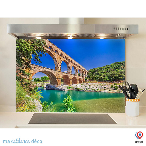 Crédence cuisine fond de hotte L'aqueduc à trois étages du Pont du Gard - Verre trempé - L 70 cm x H 60 cm - MaCrédenceDéco