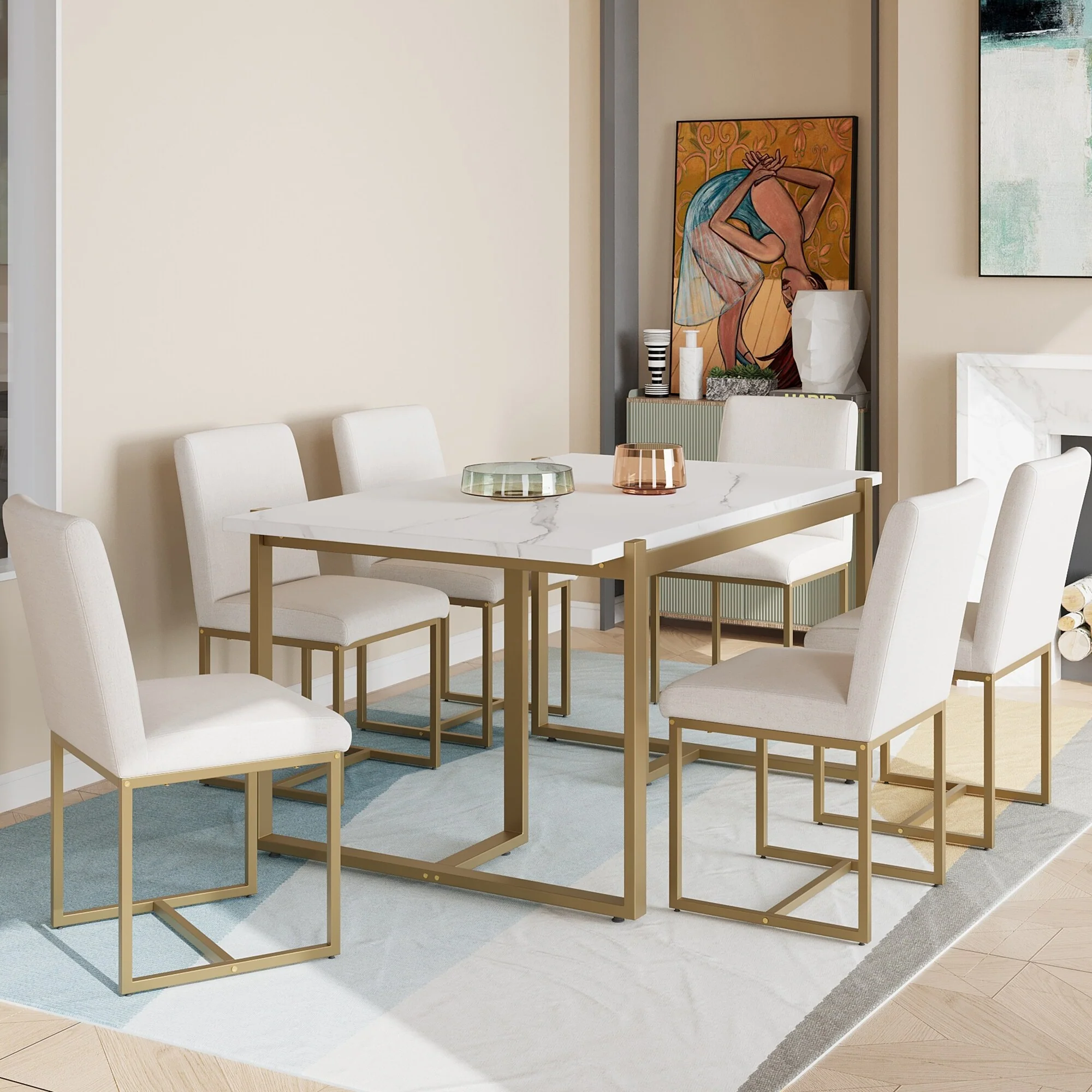 Roomfitters Modern 7-Piece Faux Marble Dining Table Set with 6 Upholstered Chairs, Golden White