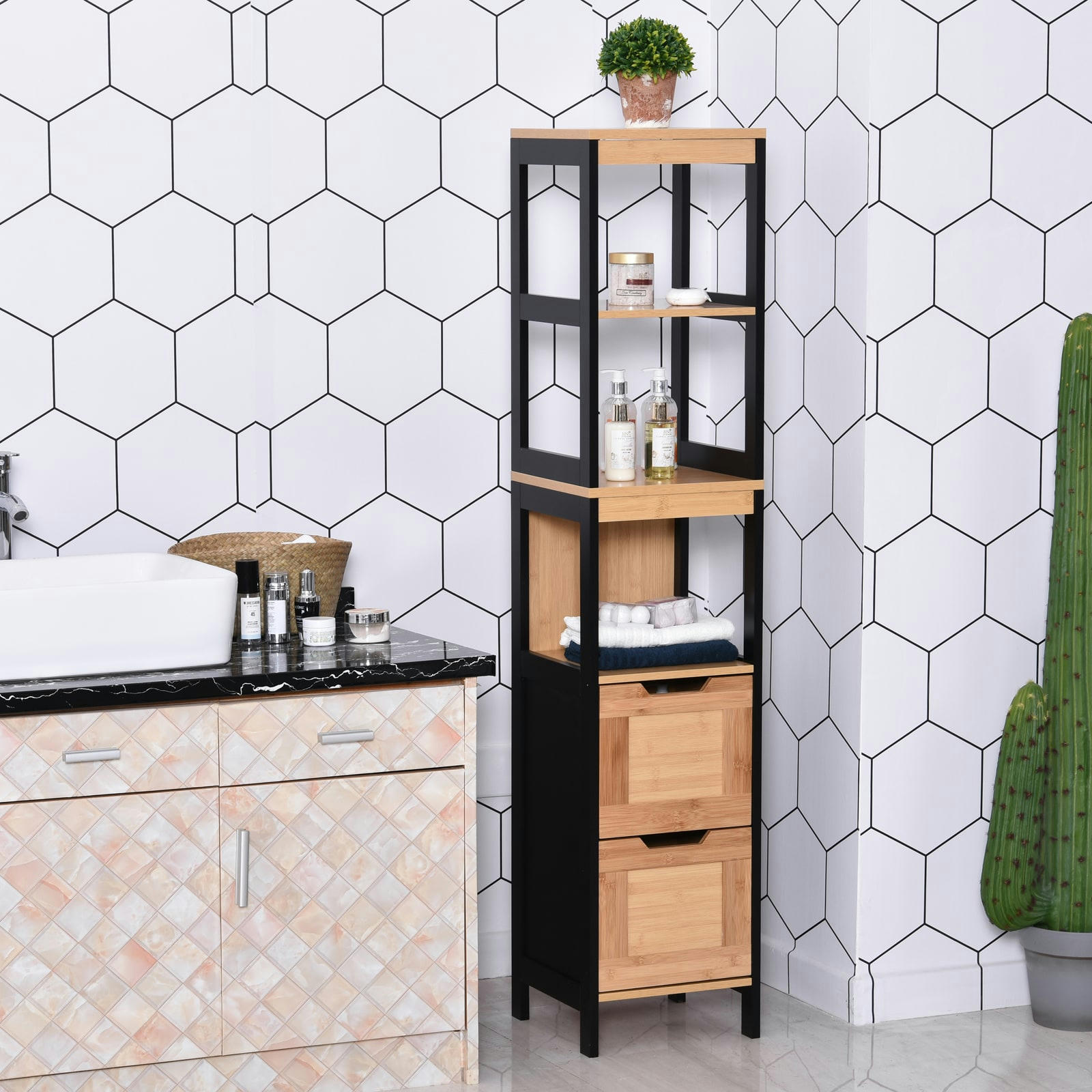 - Meuble colonne rangement salle de bain MDF bambou style cosy