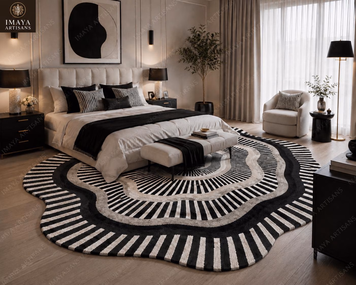 Black White Abstract Area Rug, Handmade Modern Irregular Geometric Carpet, Living Room Bedroom Decor