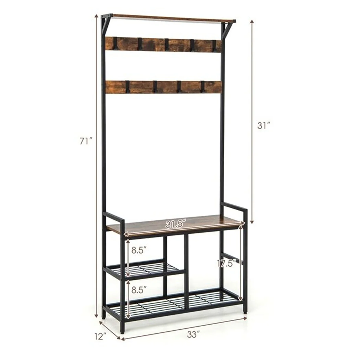 3-in-1 Freestanding Hall Tree with Shoe Bench