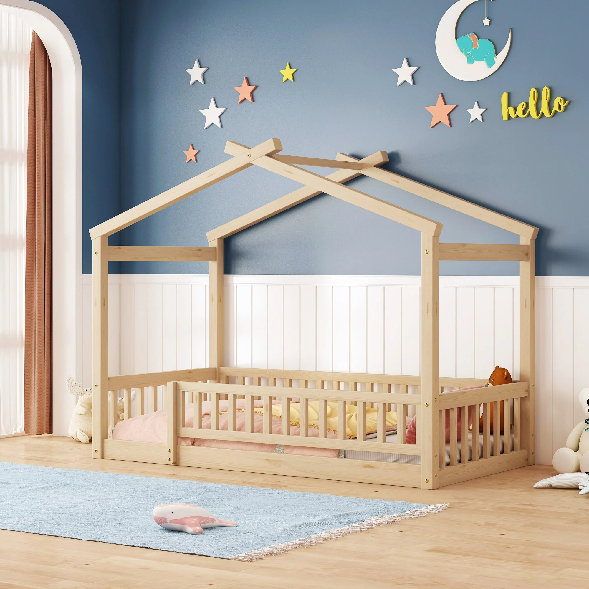 Twin Size Wood Bed Frame with Roof and Fence, Ideal for Children's Playhouse and Sleeping Space