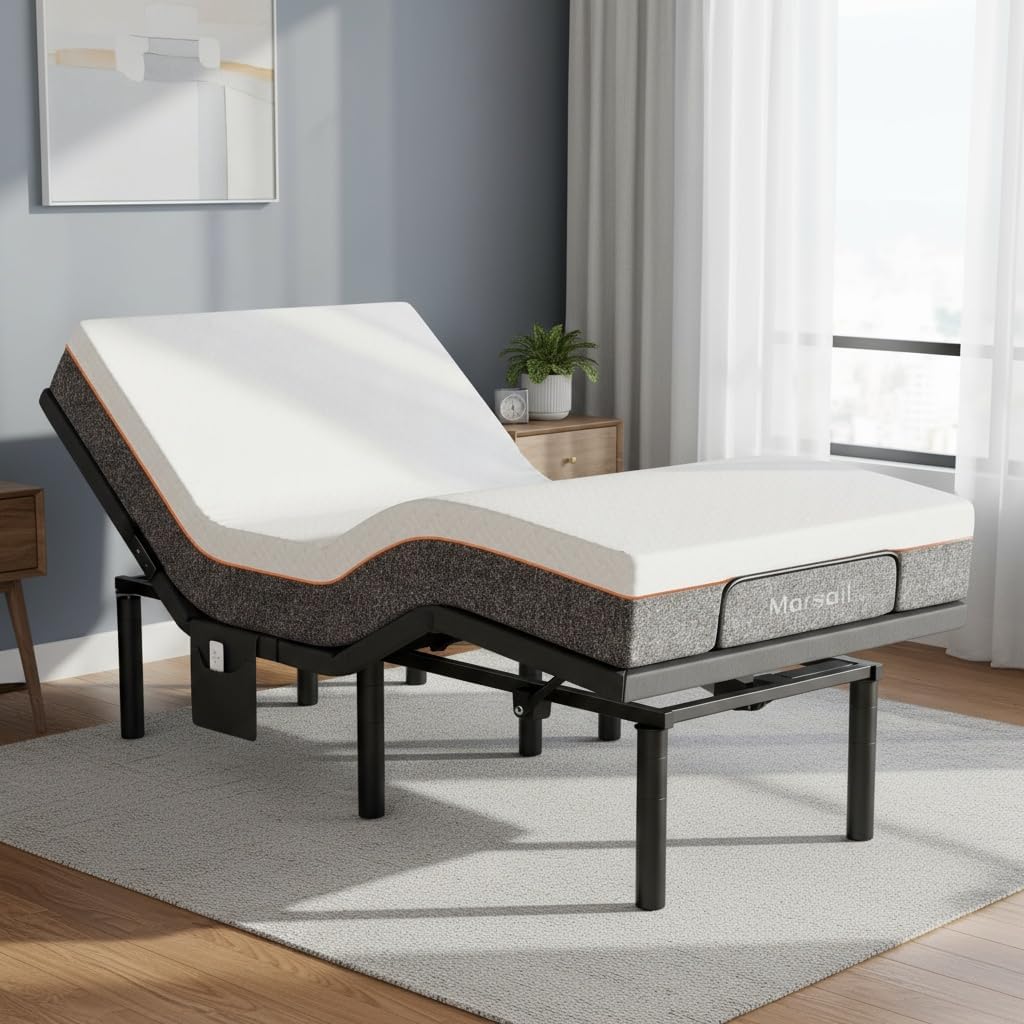 Marsail MS01 Queen Adjustable Bed Frame & 8-Inch Gel Memory Foam Mattress Set,Premium Adjustable Base Includes Wireless Remote, Under-Bed Nightlight, and 4 Customizable Height Settings