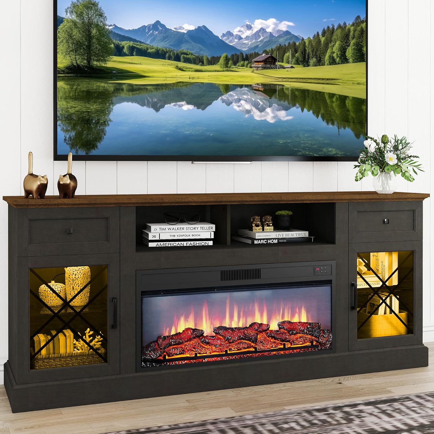 70 Fireplace TV Stand for TVs Up to 80 w/ 34 Electric Fire Place, Entertainment Center w/ 2 Glass Doors & LED Lights, TV Stands for Living Room (Espresso, 30 H w/Fireplace)