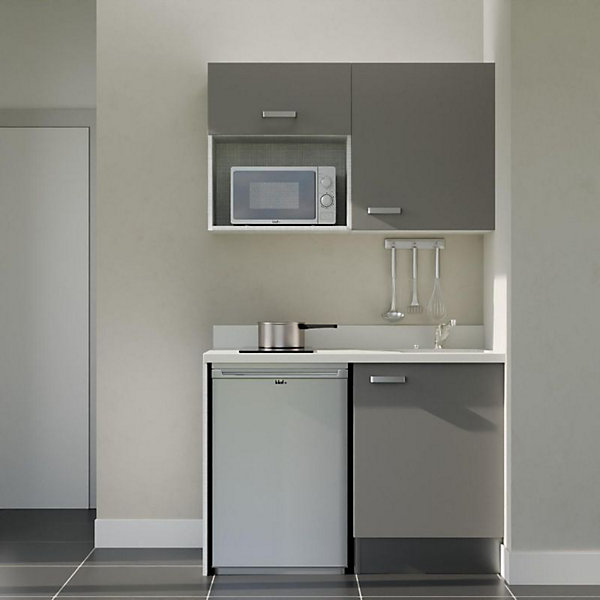 Kitchenette K07 - 120 cm - façades Gris - Plan monobloc en quartz coloris Snova évier à droite - Electroménager Inox