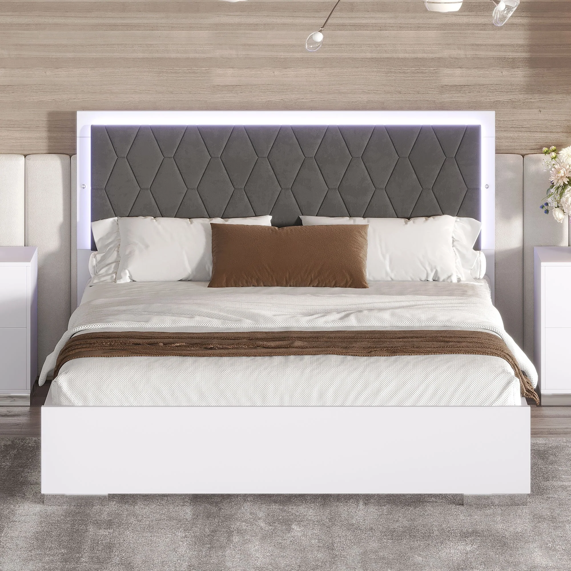 Modern Queen Size Platform Bed with LED Lights and Soft Velvet Headboard
