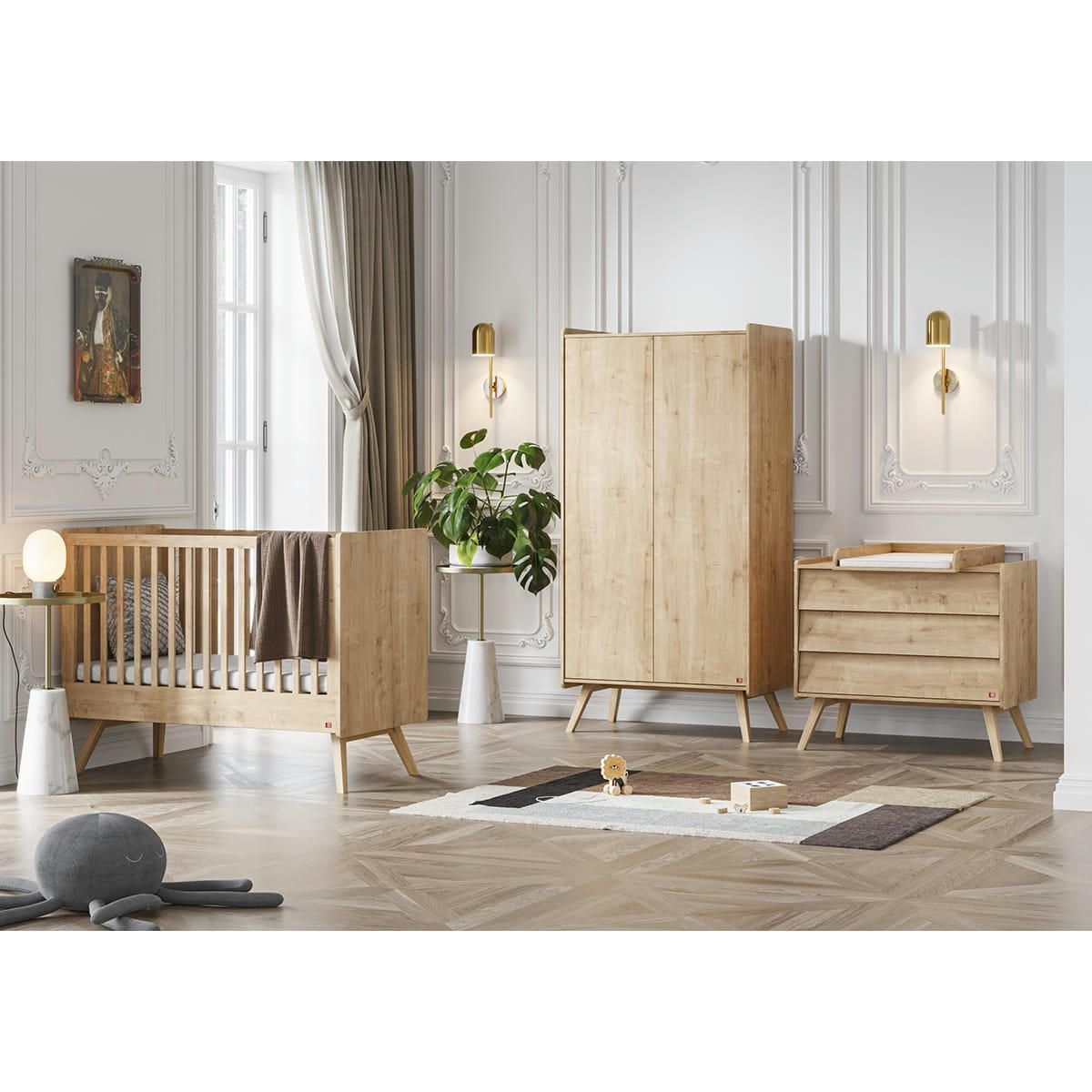 TRIO - VINTAGE - Chambre bébé : Trio - lit bébé 60x120 commode armoire naturel