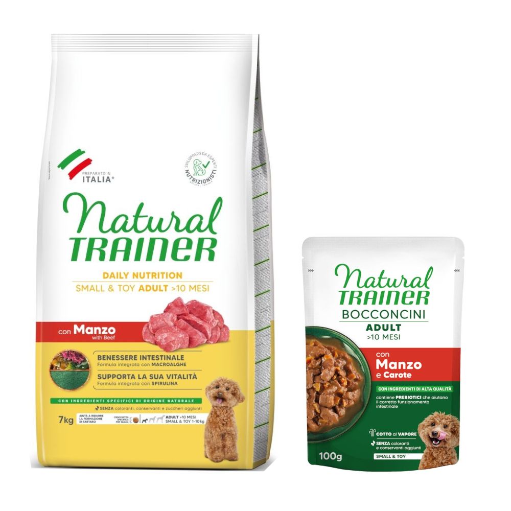 7kg Natural Trainer Dry Dog Food + 6 x 100g wet Dog Food Free! *
