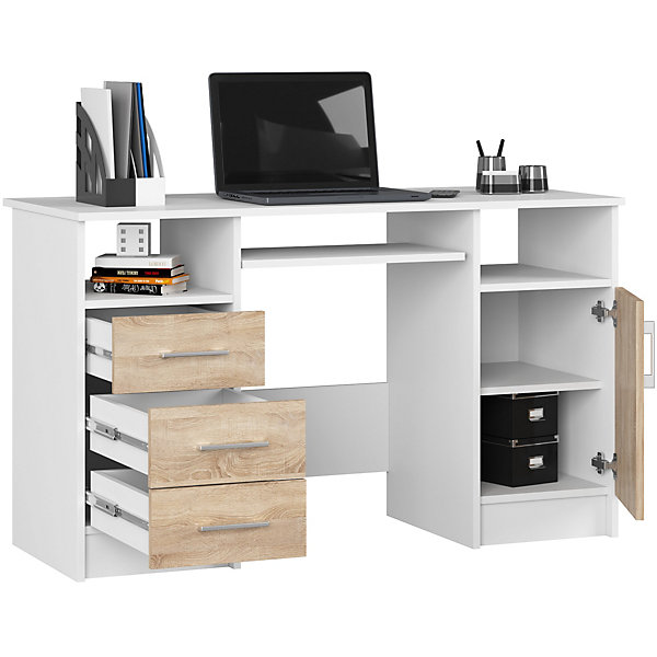 Bureau d'ordinateur AKORD ANA Blanc 124 cm 1 porte 3 tiroirs façade Chêne Sonoma 5 étagères 124x52x74 cm