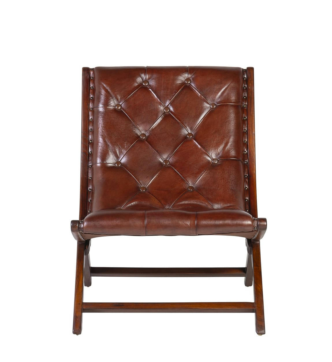 CAPITONÉ - Fauteuil bas en bois et cuir marron