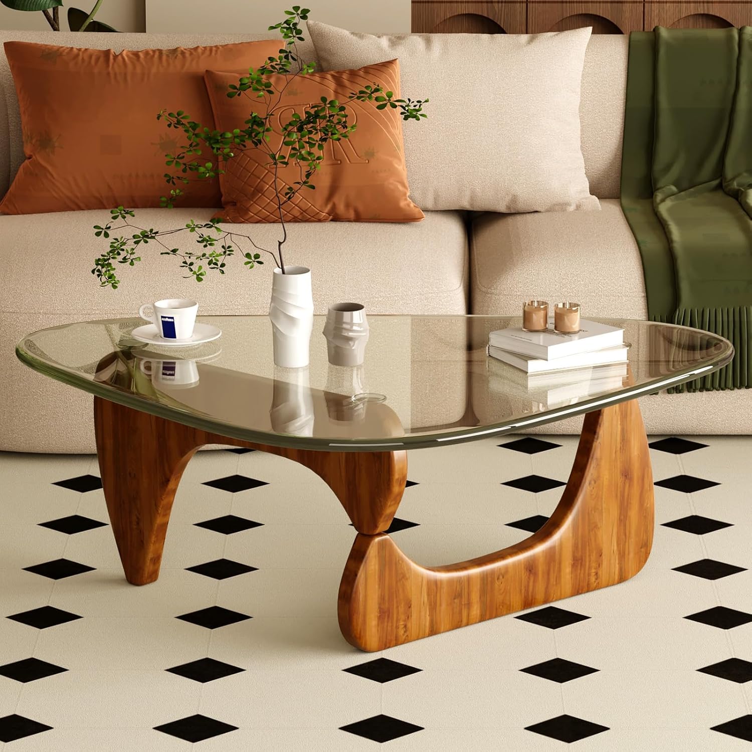 Coffee Table for Living Room Mid Century Modern Center Table with Glass Top and Wood, Transparent/Walnut