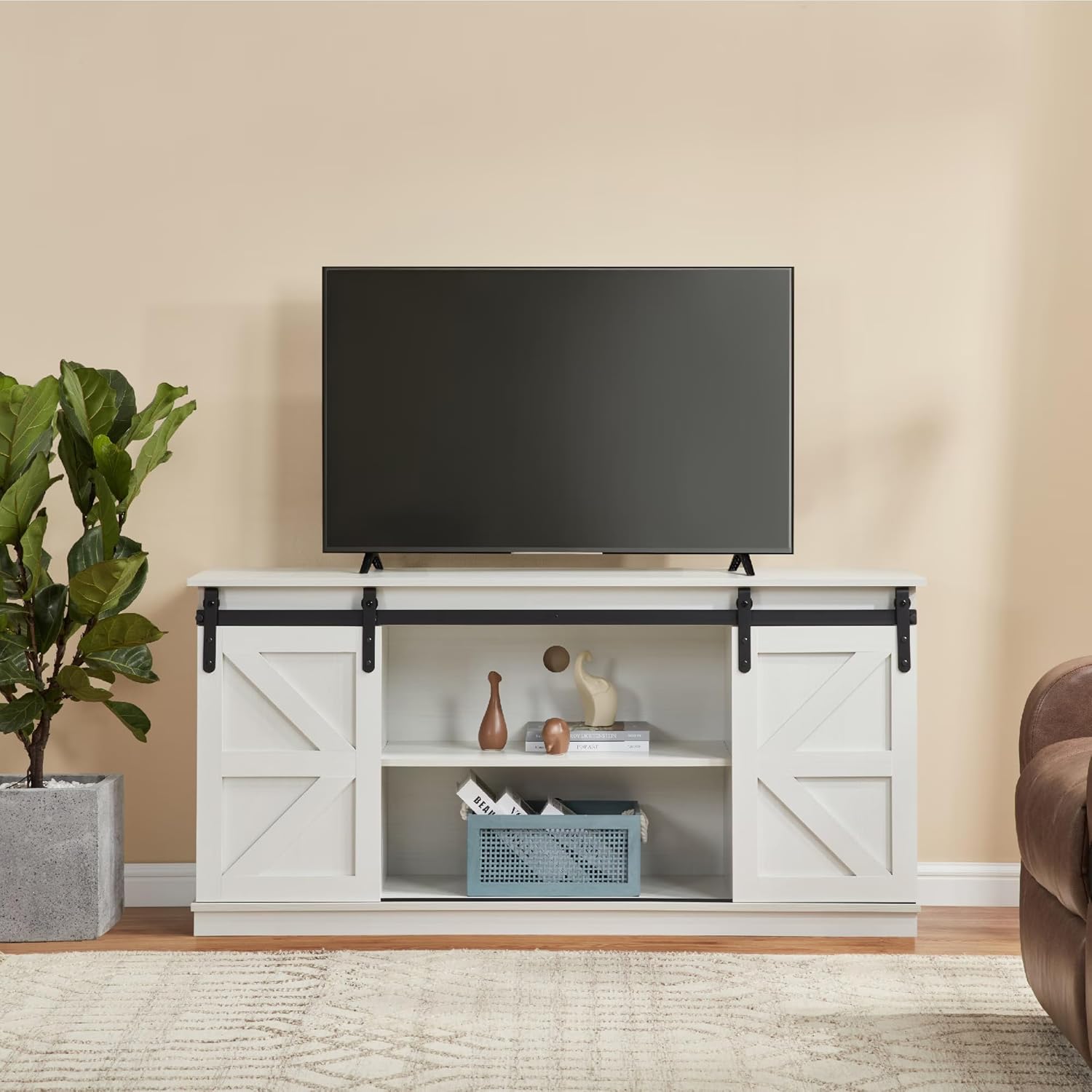 58 Farmhouse TV Stand and Entertainment Center for Televisions up to 65 Inchs,with Sliding Barn Doors and Storage Cabinets (White, Farmhouse TV Stand and Entertainment Center)