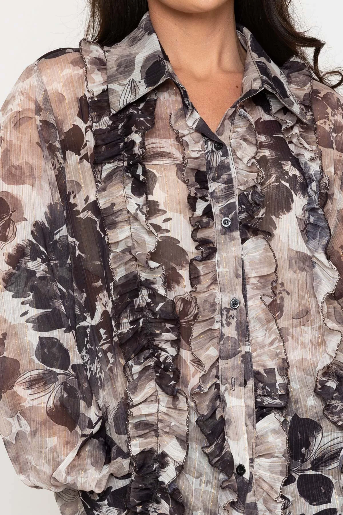 Sheer Ruffle Blouse in Black Print