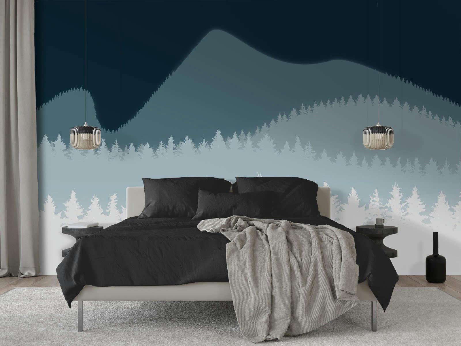 FORÊT DE SAPINS - Papier peint panoramique adhésif bleu 350x250cm