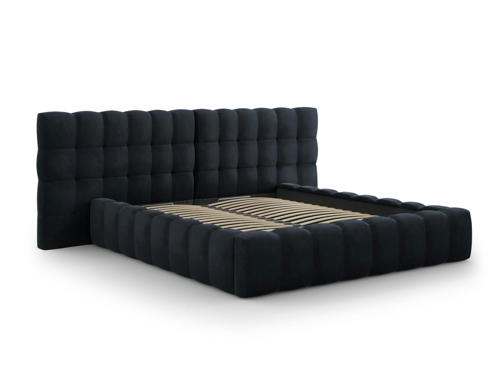 MAMAIA - Lit coffre en avec tête de lit double 180x200cm velours bleu foncé