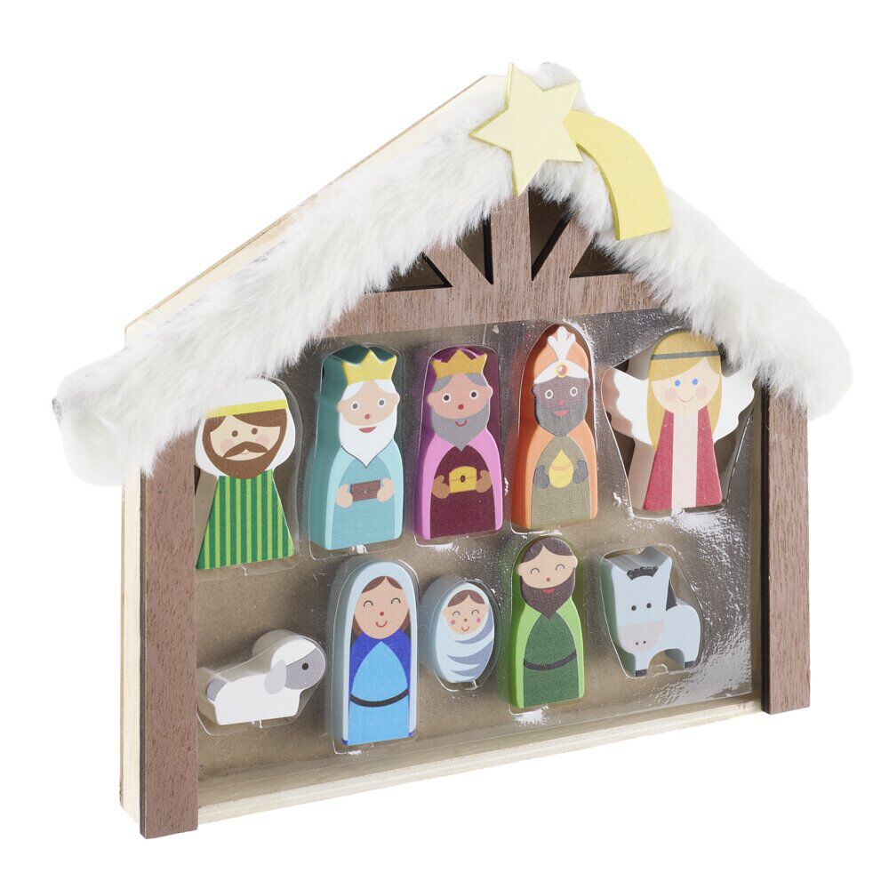 Crèche de No&euml;l naïve en bois avec 11 personnages 20xH25cm