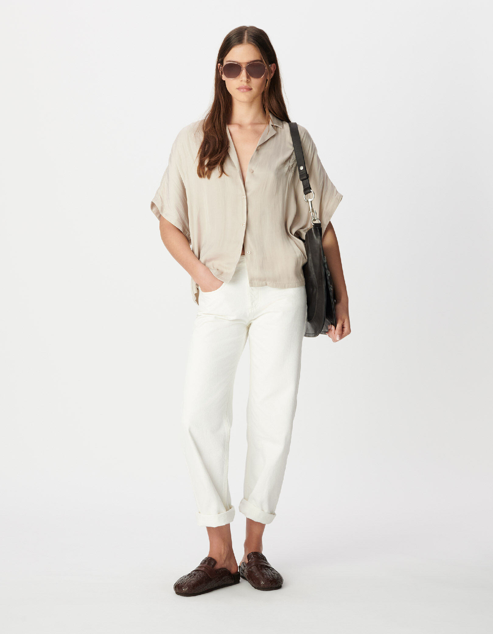 Chemise beige satinée motif palmier clouté dos Femme