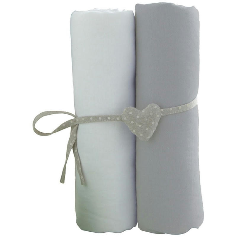 - Lot de 2 draps housses bébé en coton blanc et gris 60x120 cm