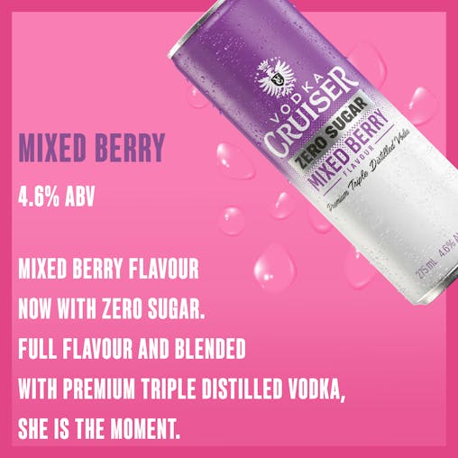 Vodka Cruiser Sugar Free Mixed Berry, Refreshing Flavoured Pre-Mixed Vodka Drink, 4.6% ABV, 275mL (Case of 24 Cans)
