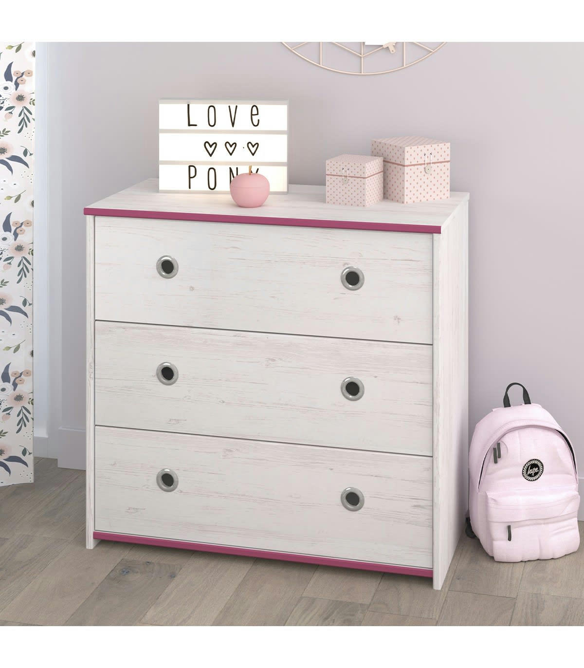 SNOOZY - Commode 3 Tiroirs L79.4 cm - Décor bois blanc