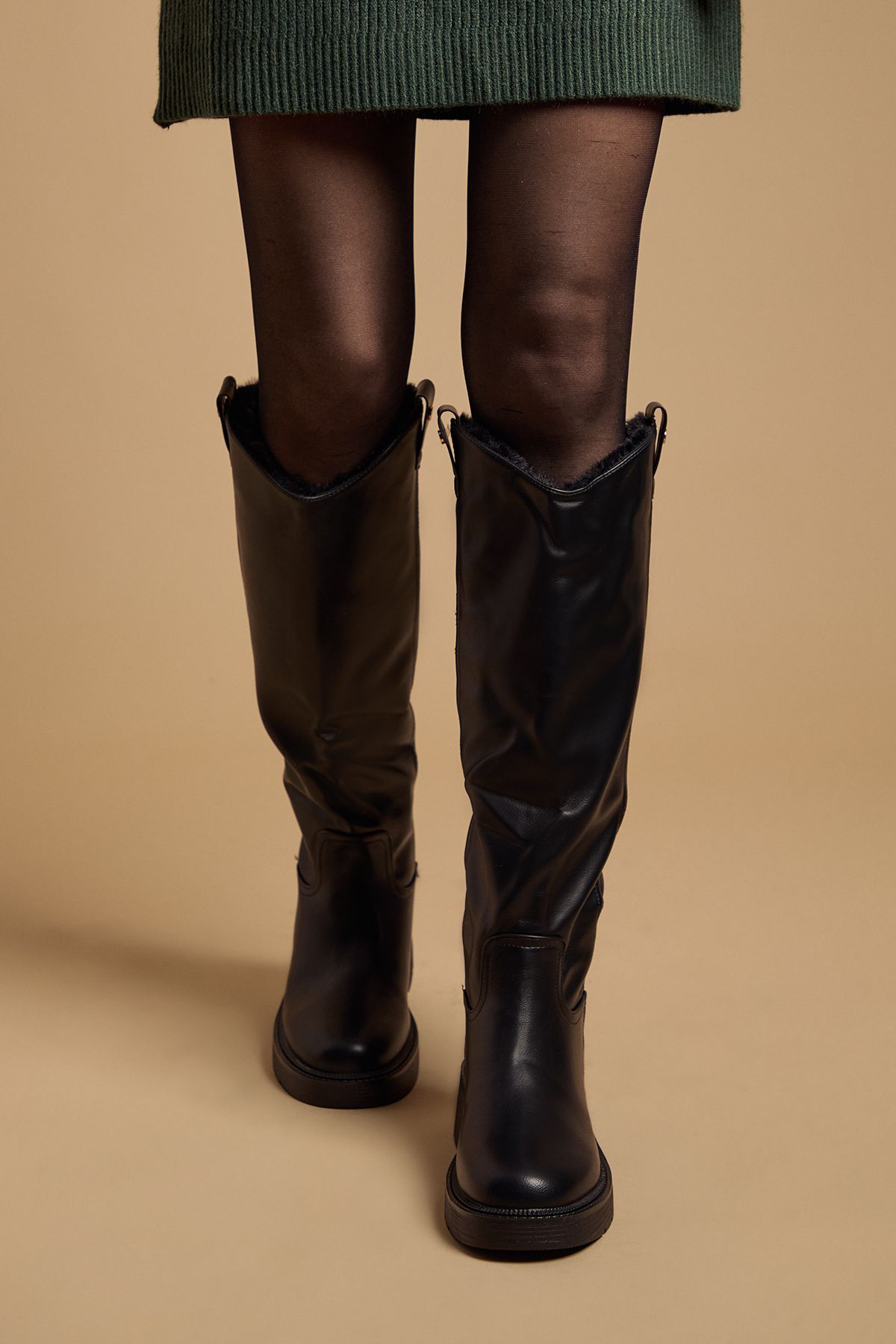 Oasis Tara Faux Leather With Faux Fur Lining Chunky Knee Boots