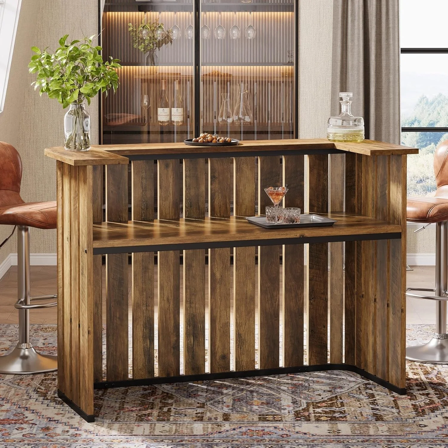 63 Inches Brown Engineered Wood Bar Table with Storage Shelves, 2-Tier Wine Bar Cabinet for Home Pub