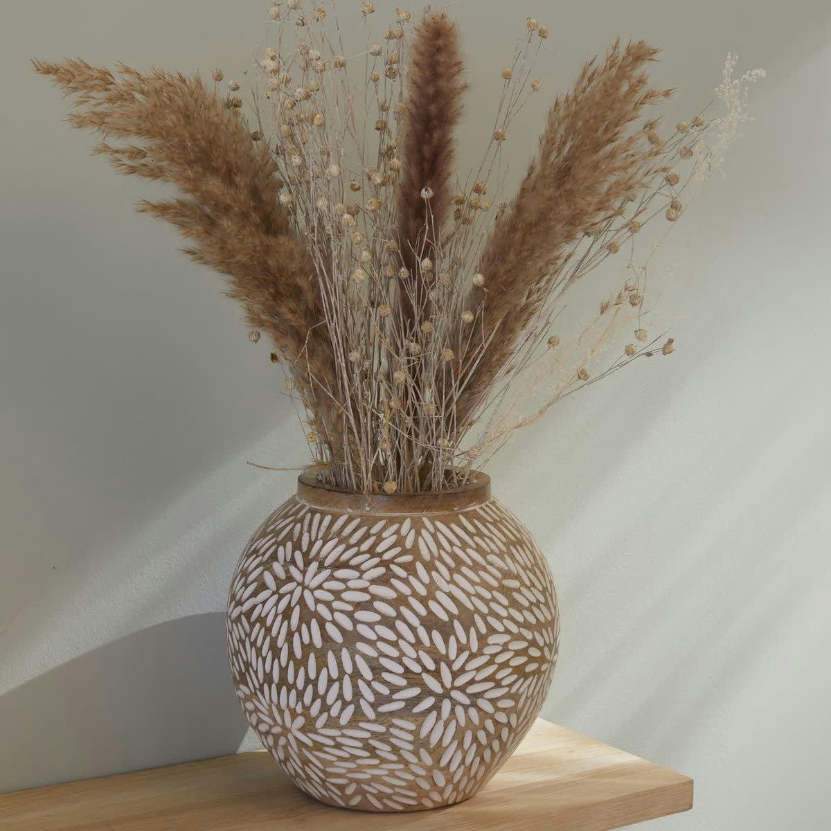 MANGO WOOD - Vase arrondi en bois beige 17x17x18.8