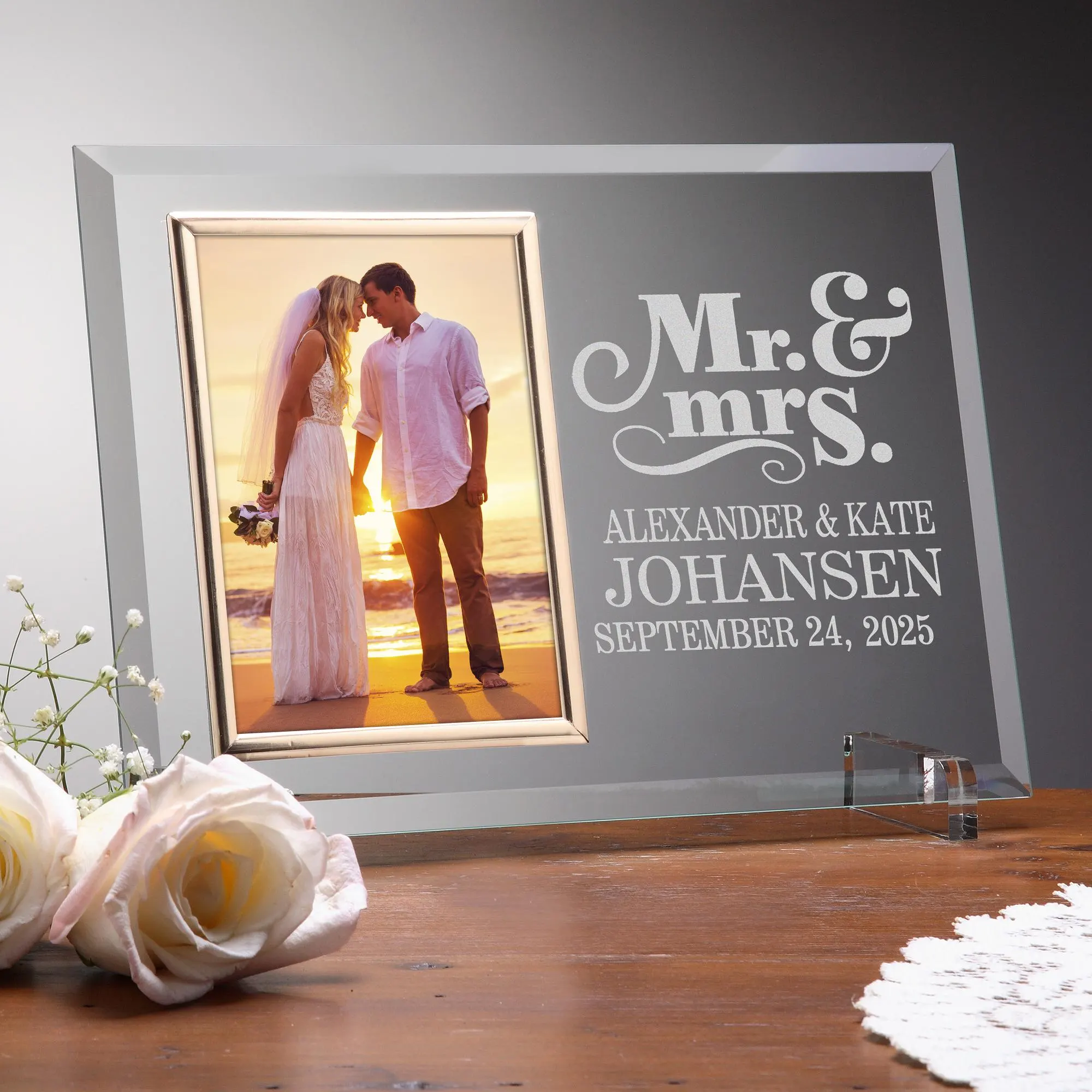 Personalized Wedding Photo Frame – Laser Engraved Glass – Newlywed Gift