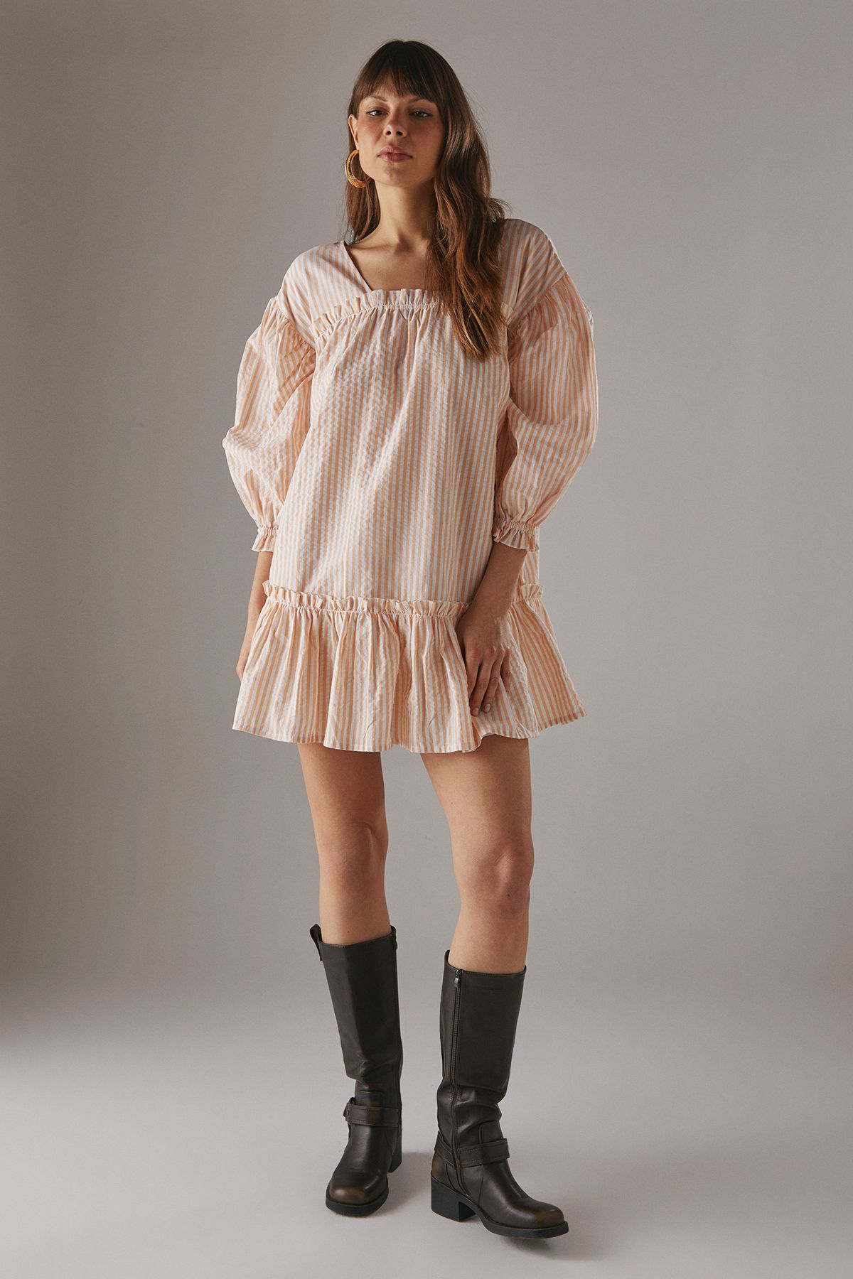 Warehouse Seersucker Check Frill Balloon Sleeve Mini Smock Dress