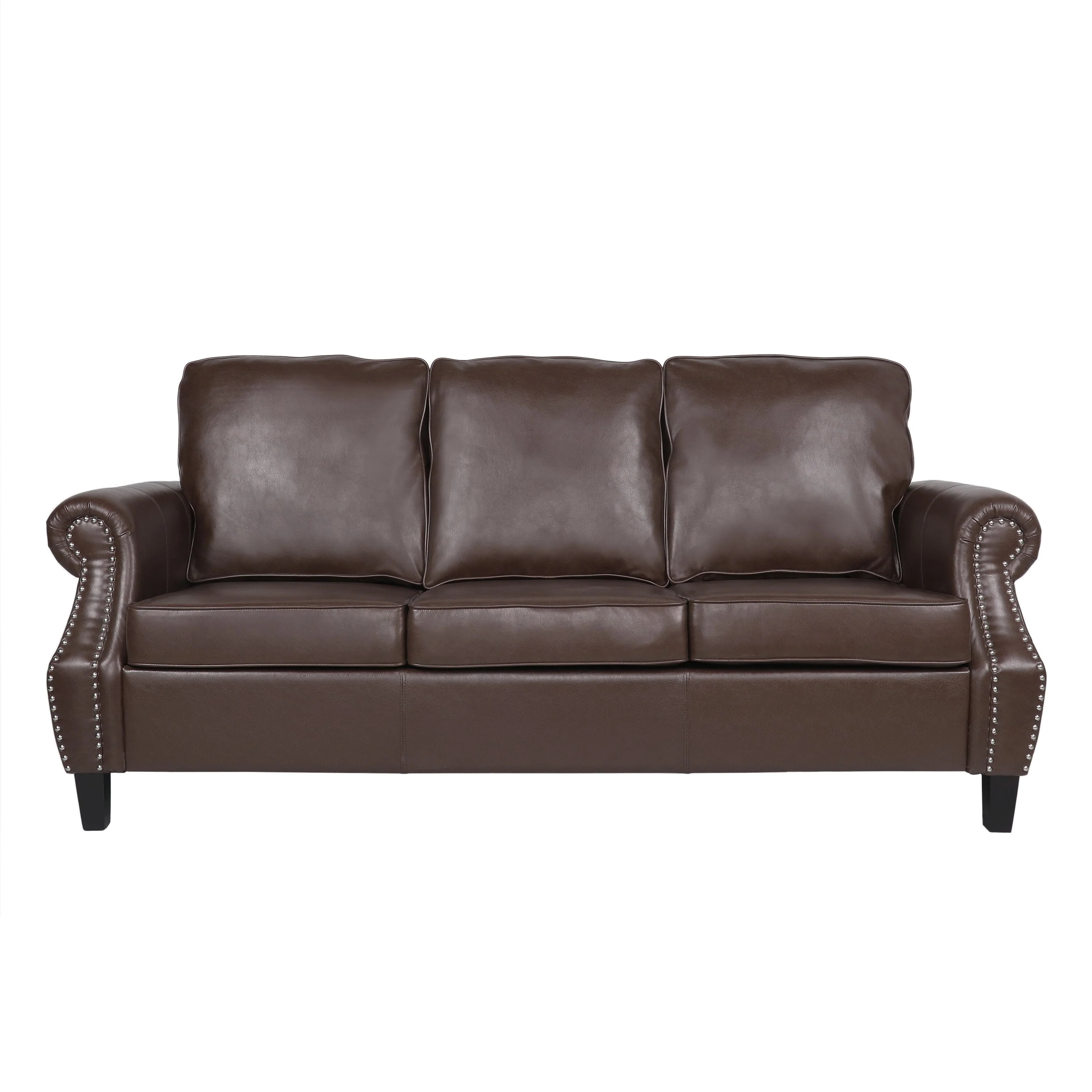Dark Brown Modern 80 Faux Leather 3-seater Sofa with Birch Wood Legs and Nailheads for Living Room