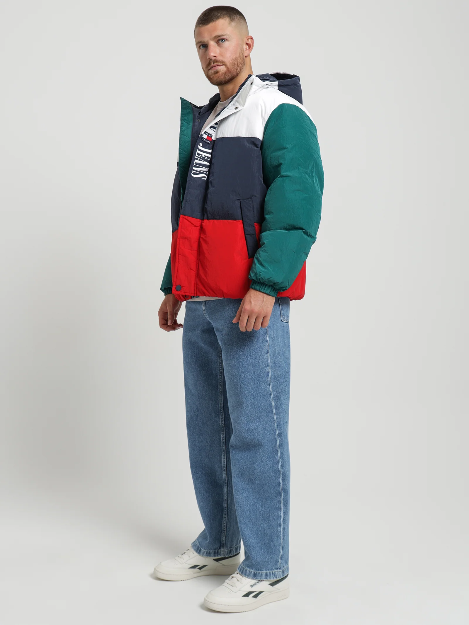 Colour-Blocked Oversized Hooded Puffer Jacket