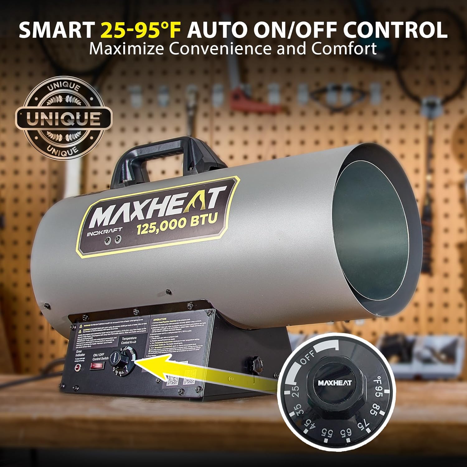 InoKraft Maxheat MH125 125,000 BTU Forced Air Propane Heater, Auto 25-95F On/OFF Control, Portable Garage/Shop Heater for Garages, Job Sites - 10ft Hose
